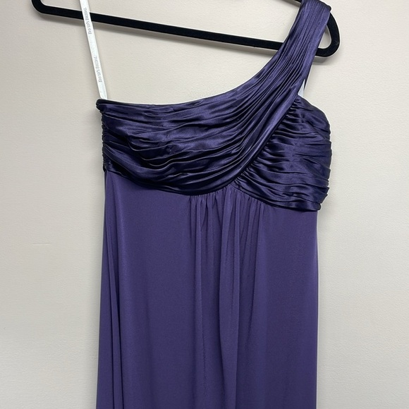 David’s Bridal One Shoulder Long Jersey Dress with Cascade Back Lapis Purple 8 - Picture 4 of 16